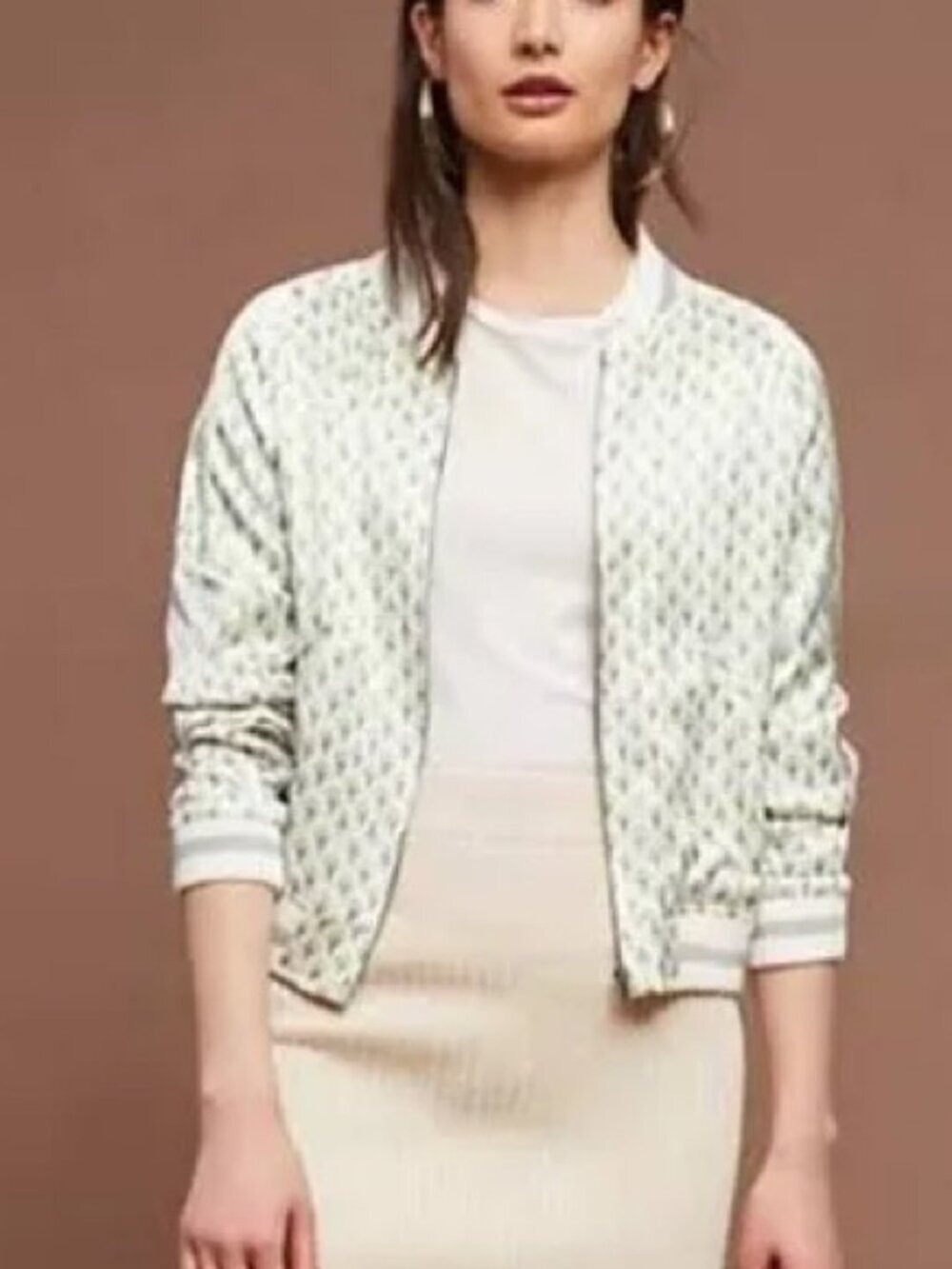 Anthropologie Tiny Editions Bomber Jacket Large Ivory Satin Floral Embroidery